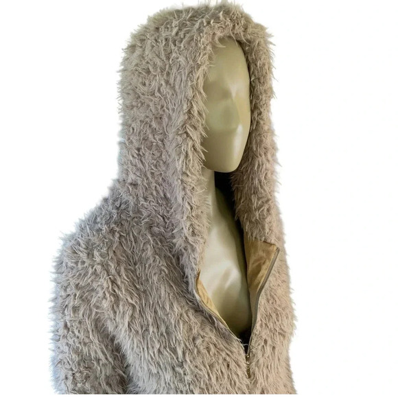 COUNTESS Faux Fur Fuzzy Zip Up Hooded Pea Coat Jacket Taupe Women Size M - Picture 7 of 16